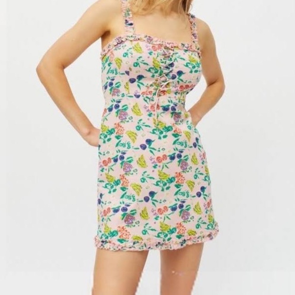 Urban Outfitters Pink Robin Lace Up Y2K Dress Fruit Cherry Print XS